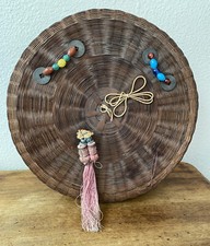 Antique 12&rdquo; Chinese Wicker Sewing Basket w/ Coins Tassels Peking Glass Beads