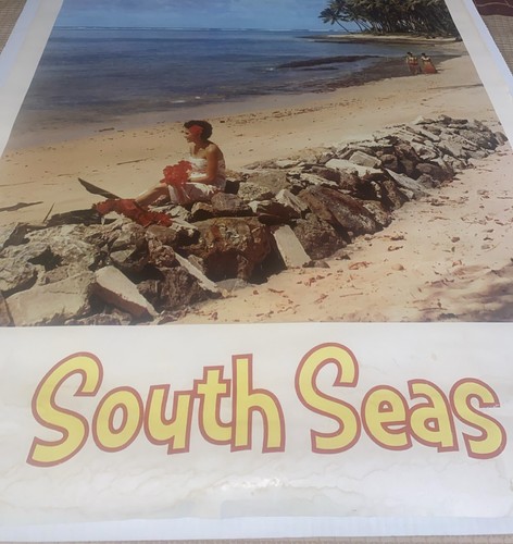 USED Vintage South Seas Travel Tourism Poster Hawaii Tiki Bar Decor Palm Trees