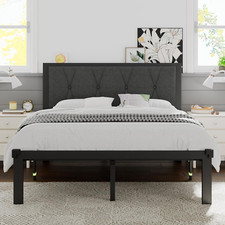 Full Size Metal Bed Frame, Platform Bed with Upholstered Button Tufted Headboard