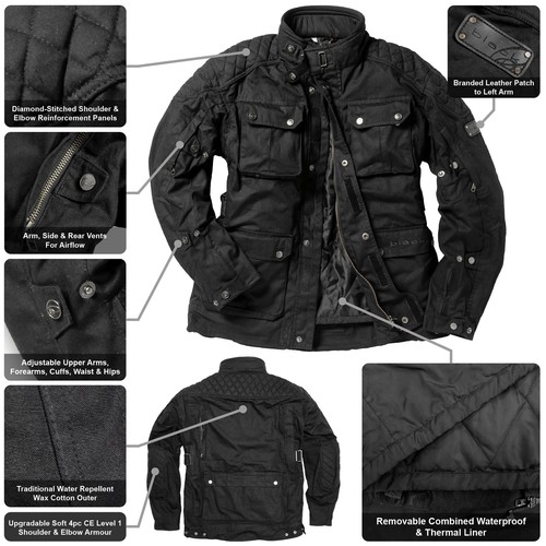 Black Bowland CE Class AA Wax Motorcycle Jacket For Bike Riding - Picture 3 of 48
