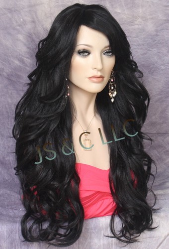 Peluca completa de mezcla de cabello humano punzones ondulados largos calor en capas OK parte lateral negra RMVS - Imagen 5 de 9