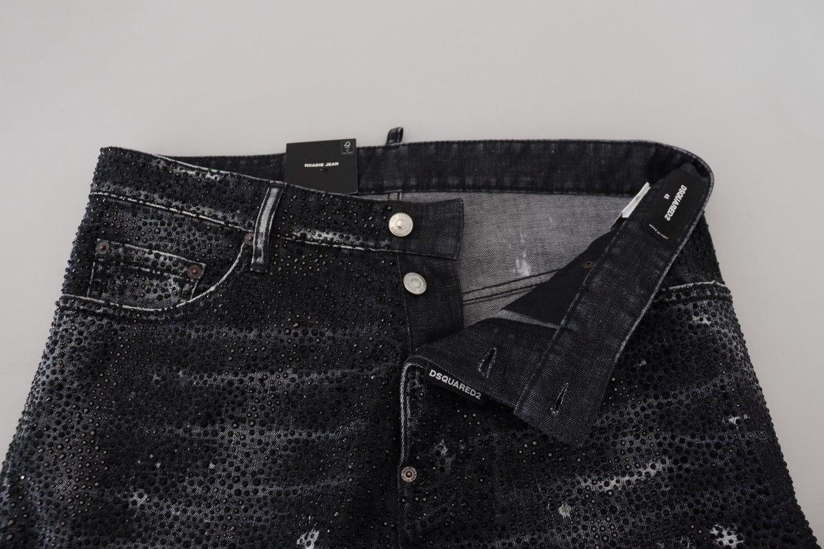 DSQUARED2 Jeans Black Crystal Embellished Tattered Denim DSQUARED2 Jeans Black Crystal Embellished Tattered Denim