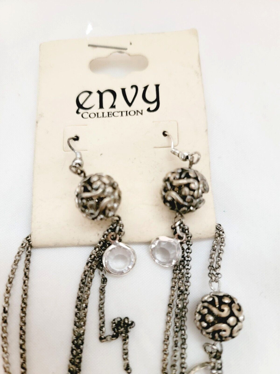 Envy Bezel Crystal Scroll Filigree Ball Beads Silver Tone Earrings & Necklace View 2