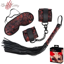 Black & Red Satin Bondage Set - Bad Kitty Whip Handcuffs and Eye Mask