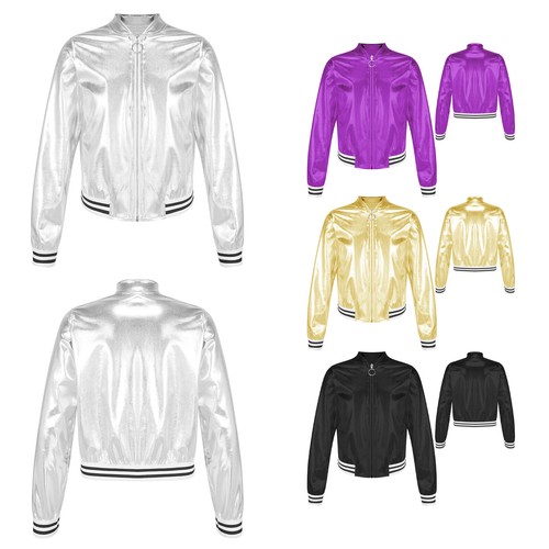 Kids Shiny Metallic Baseball Jackets Long Sleeve Zipper Outerwear Costume - Picture 10 of 75