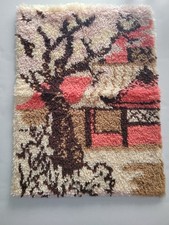 Vintage Latch Hook Rug Finished Pink Cream Brown House With Tree