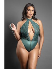 Plus Size Teddy Bodysuit Plus Size Green Domina Lace Halter Teddy wZipper Detail