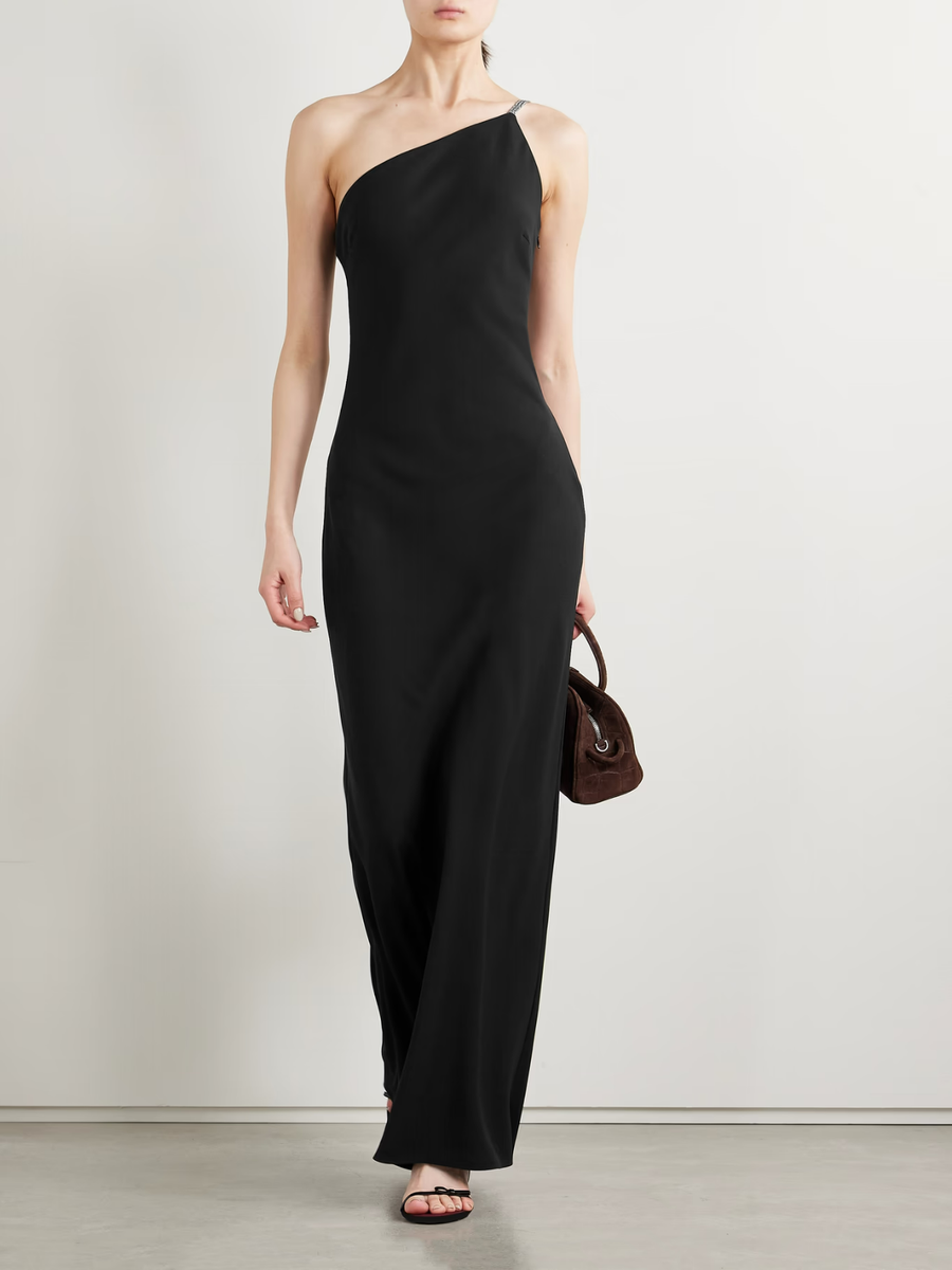 STAUD Elodie One-Shoulder Crystal-Embellished Crepe Gown Women's 00 Black  Zip