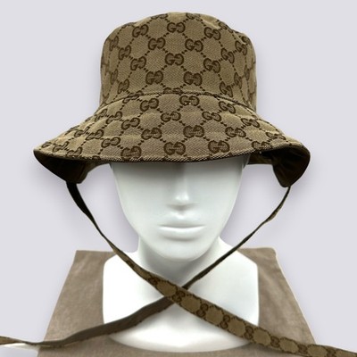 Gucci GG Monogram Stripe Cotton Canvas Reversible Bucket Hat Beige