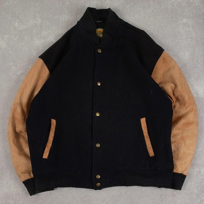Vintage 90s Wool Varsity Bomber Jacket M Made in Canada Men's Navy Blue 