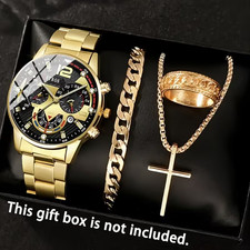 4pcs Luxury Men's Quartz Watch Fashion Accessory Set - Golden-Toned Stainless