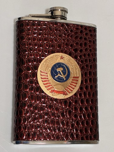 Soviet Union USSR Hammer Sickle Faux Crocodile Leather Stainless Steel Hip Flask