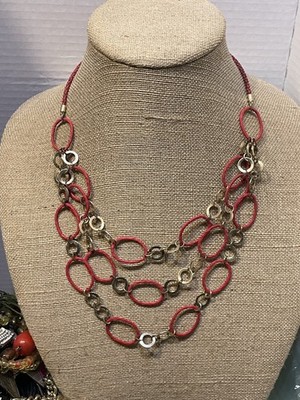 SIGNED C1946 RED PAINTED LOOPS HEAVY DANGLES BIG CHAINS LONG DECOR NECKLACE