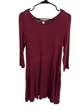 Emetla Womens Burgundy Knee Length Dress 3/4 Sleeves Soft Flowy Fabric Pockets