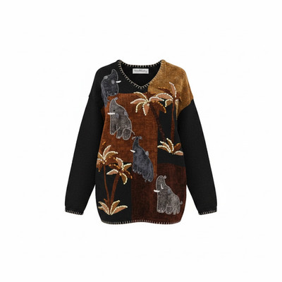 Peter Valentine VTG V-Neck Elephant Safari Knit Sweater w/ Sequin Palm Trees 2X