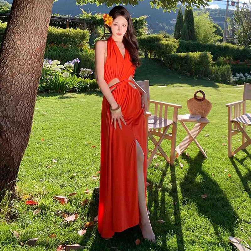 Vestido Largo Mujer Rojo Halter Espalda Descubierta Con Escote Elegante CF66820