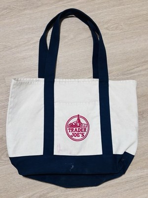 Trader Joe s Canvas Tote Bag Navy & Cream Vintage Reusable Shopper Rare