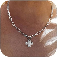 Chunky Cross Necklace for Women Trendy 14K Silver Layered Statement Cross P.....