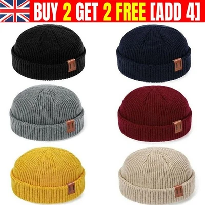 Mens Beanie Hat Winter Warm Knitted Ribbed Docker Skull Cap Trawler Fisherman