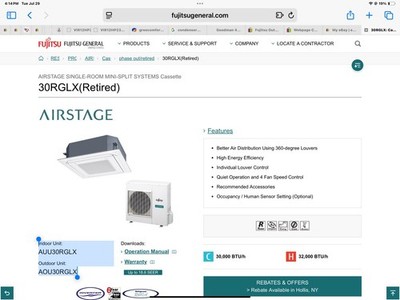 Fujitsu Ceiling Cassette Ductless Heat Pump 18.6 Seer R410 AUU30RGLX. AOU30RGLX