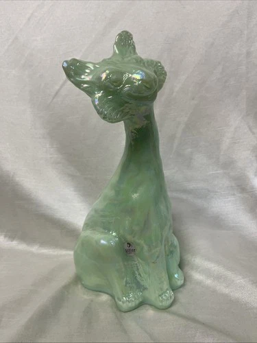 Fenton Art Glass Winking Alley Cat Glass Figurine Statue Iridescent Sea Green