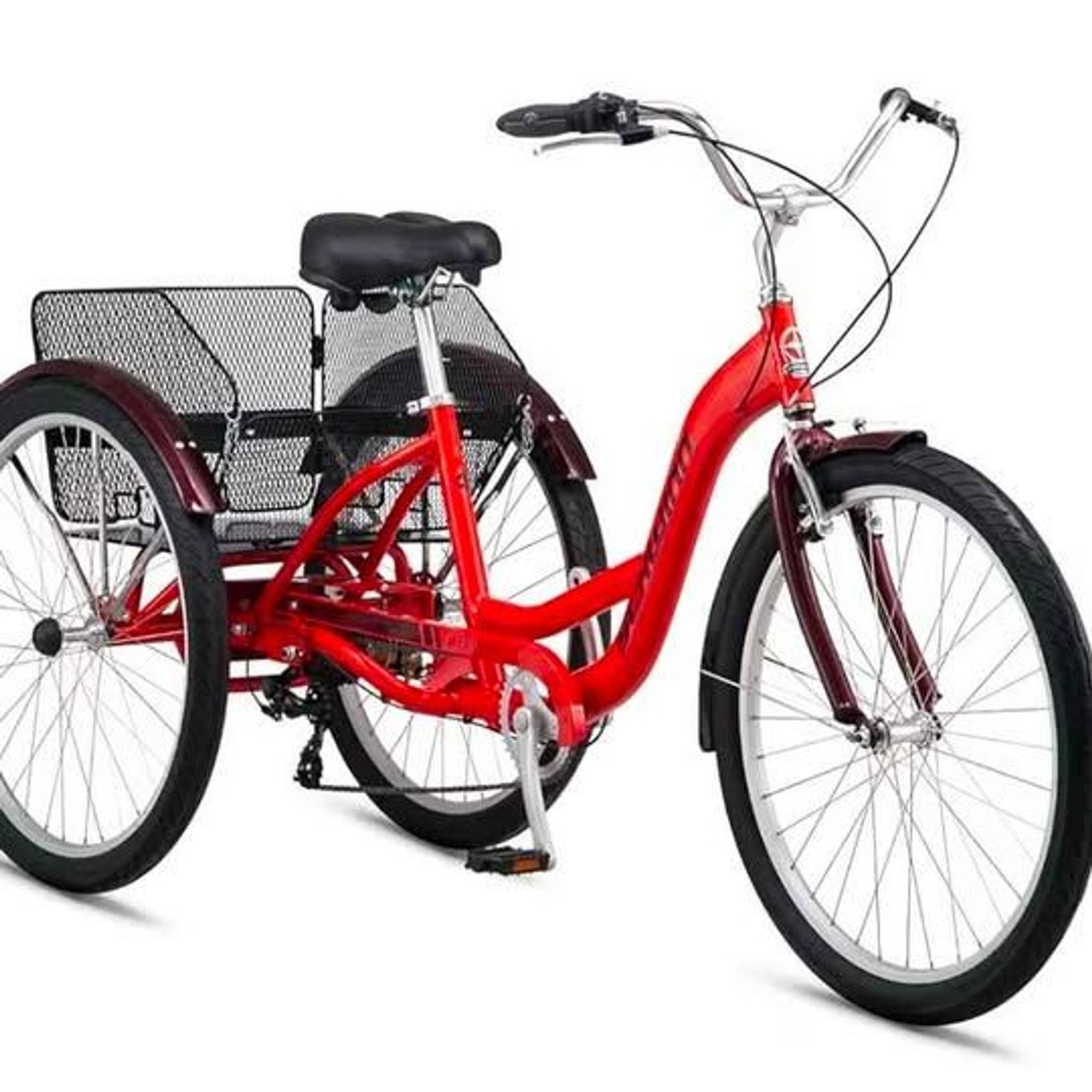 Red Schwinn Meridian Adult Tricycle featuring a 26-inch fram