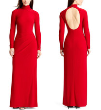 RALPH LAUREN Shirred Jersey Maxi Gown Red Women's Size 6 Evening Long Dress 180