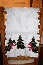 Snowman Table Runner Sparkly White Snowflakes Trees Used