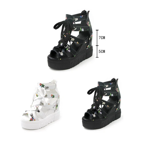 Fashion Women's Cut Out Sandals Platfrom Hidden Wedge Boots Floral Lace Up Shoes - Picture 3 of 28
