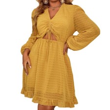 Plus Swiss Dot Cut Out Drawstring Front Dress in Yellow, Size 1XL