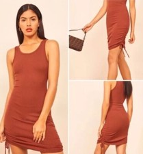Reformation Bodycon Tank Dress Aerin Side Ruched Ties Size S Rust Tight Knit