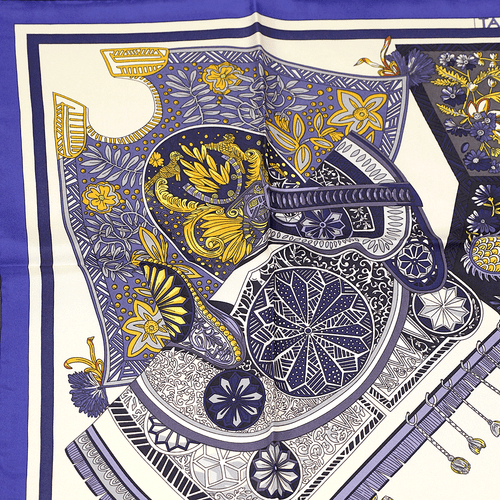 Hermes Scarf TAPIS DE SELLE 90cm Silk Carre Foulard Blue ANNIE FAIVRE - Bild 6 von 7