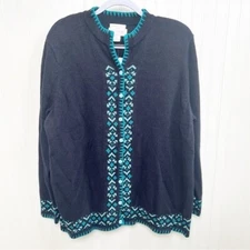 CJ Banks Navy Blue Hand Embroidered Button Front Knit Cardigan Sweater Size 2X
