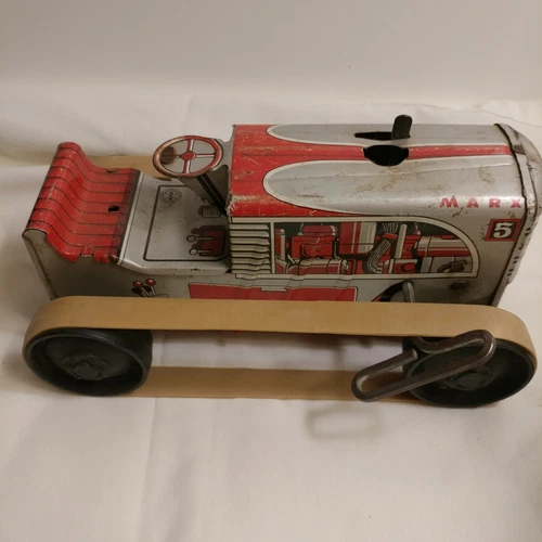 VINTAGE MARX TIN WIND-UP TOY TRACTOR SILVER + RED #5, 8 x 5 x 4, WORKS