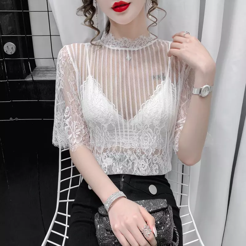 Women Slim Floral Lace Tops Cutout Sheer Tulle Shirt Half Sleeve Pullover