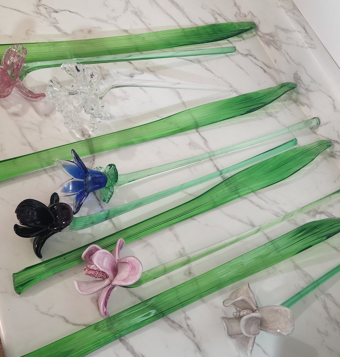 Lot Of 10 Vintage Murano Style Long Stem Glass Flowers | eBay