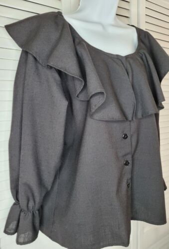 Vtg Susan Denise Black Ruffle Collar Scoop Neck Blouse Puff Sleeves USA Sz: LG - Picture 2 of 7