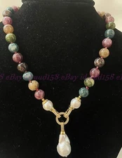 Multicolor Tourmaline Round Gemstone White Keshi Baroque Pearl Pendant Necklace
