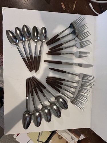 Vtg Interpur Teak Wood Handles Flatware Silverware Mid Century 21 Pieces - Picture 3 of 10