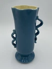 1940s RED WING USA #1352 Blue & Pale Yellow Pottery 2 Offset Curvy Handled Vase