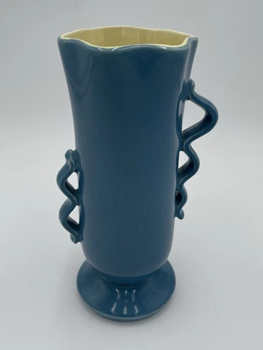 1940s RED WING USA #1352 Blue & Pale Yellow Pottery 2 Offset Curvy Handled Vase