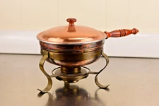 Vintage Copper & Brass Chafing Dish with Pan, Domed Lid, Stand, Sterno Warmer