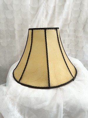 VTG  Rawhide Leather Lampshade Beige South Western Large Bell Leather Trim Set 2