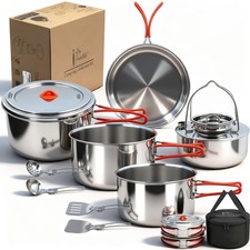 Portable 18/8 Stainless Steel Camping Cookware Set 11 Pcs - Nesting Design, L...