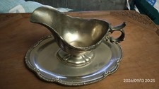Vintage Silverplate Gravy Boat & Underplate Tray Ornate Scrolled Handle Footed