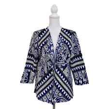 Chicos Travelers Collection Open Blazer Cardigan Sz 2 Geometric Print Blue White