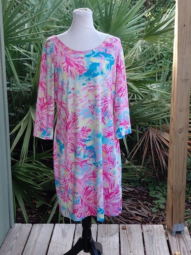 Tango Mango Casual Dress Sz L Pink Abstract Print Smooth Stretch Strappy Back