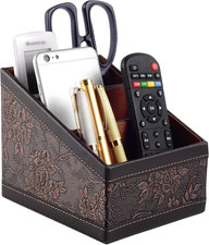 PU Leather TV Remote Control Holder with 3 Compartments,Nightstand Caddy Organiz
