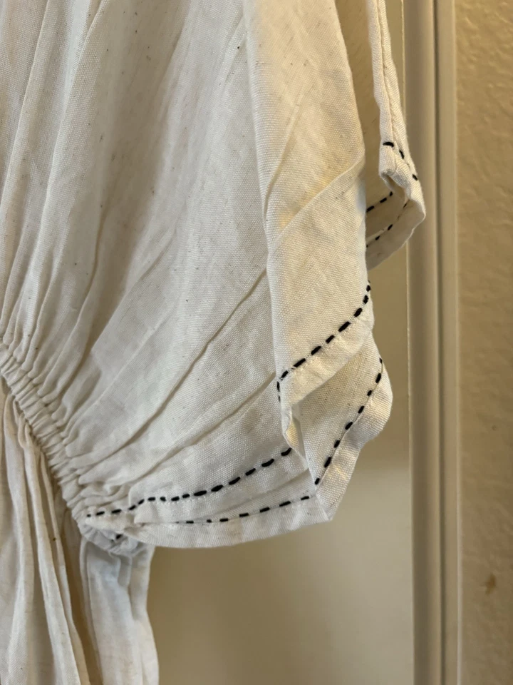 Maxi Vestido Caftán World Market Para Mujer L/XL Crema Bordado Boho Lino Borla Foto 4 de 4