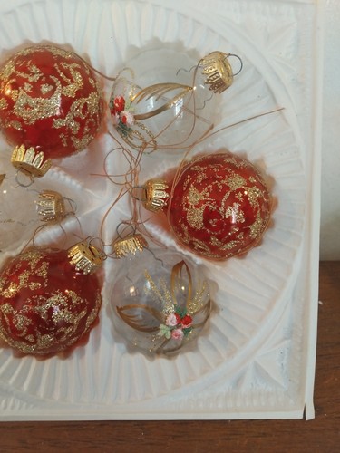 VINTAGE VECCHIO VETRO DECORAZIONI ALBERO DI NATALE PALLINE X6 IN SCATOLA - Foto 11 di 17